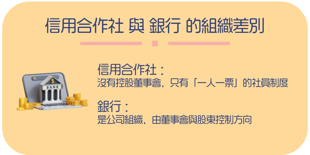 信用合作社與銀行的組織差在哪？一個靠社員，一個靠股東