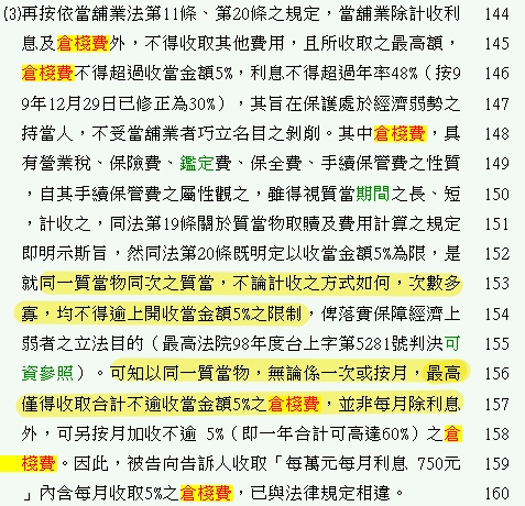 就同一質當物同次之質當，不論計收之方式如何，次數多       寡，均不得逾上開收當金額5%之限制，俾落實保障經濟上       弱者之立法目的（最高法院98年度台上字第5281號判決可       資參照）。可知以同一質當物，無論係一次或按月，最高       僅得收取合計不逾收當金額5%之倉棧費，並非每月除利息       外，可另按月加收不逾 5%（即一年合計可高達60%）之倉       棧費。因此，被告向告訴人收取「每萬元每月利息 750元       」內含每月收取5%之倉棧費，已與法律規定相違。